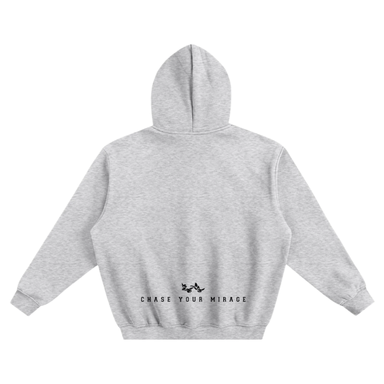 Boxy gray hoodie with small doves logo and &