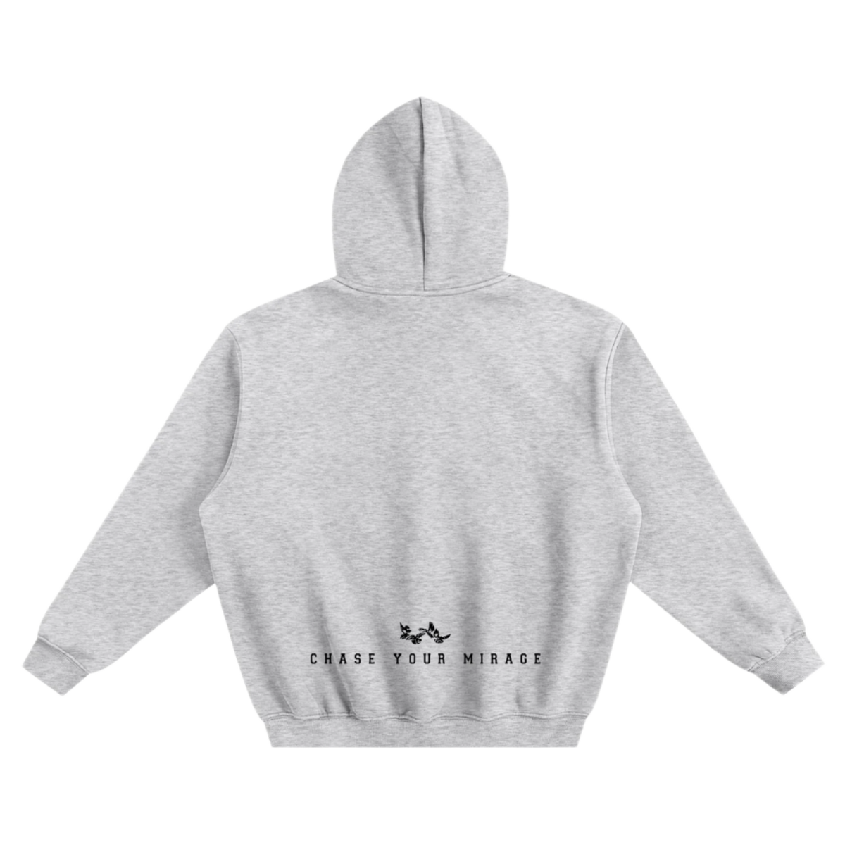 Boxy gray hoodie with small doves logo and &