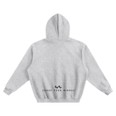 Boxy gray hoodie with small doves logo and &