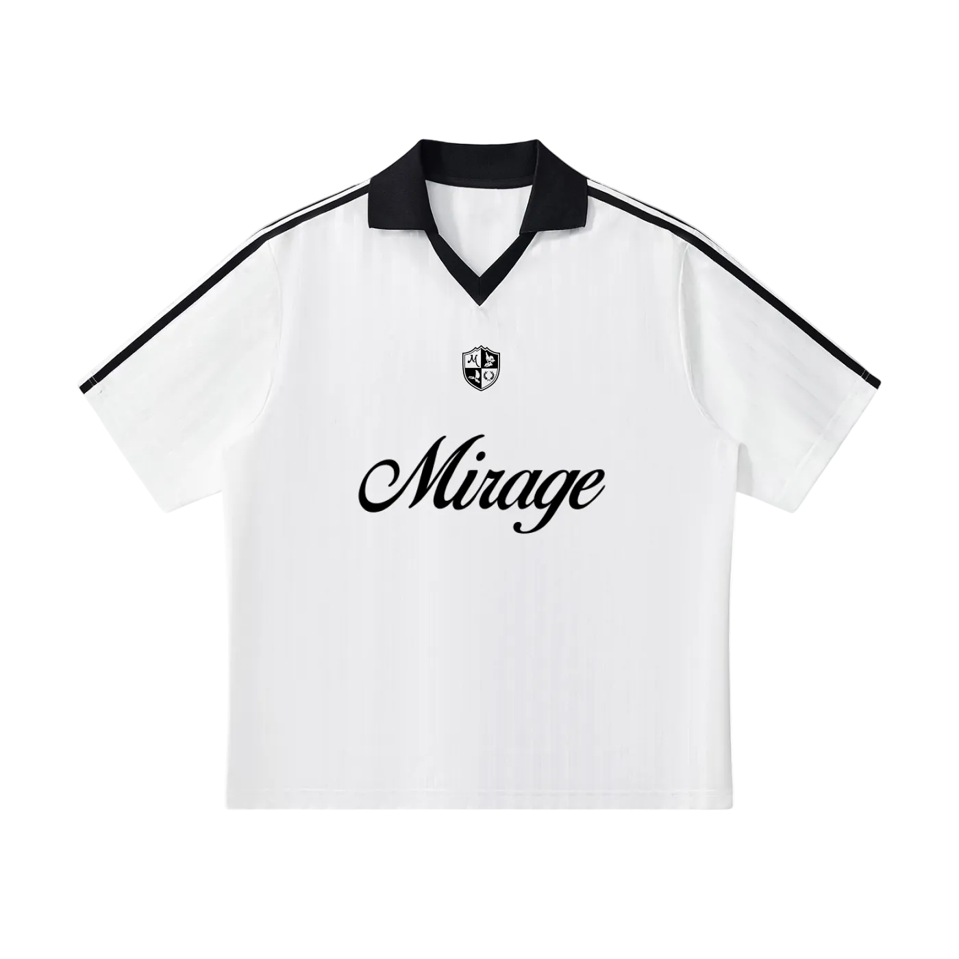 White sports jersey with black collar and stripes and &