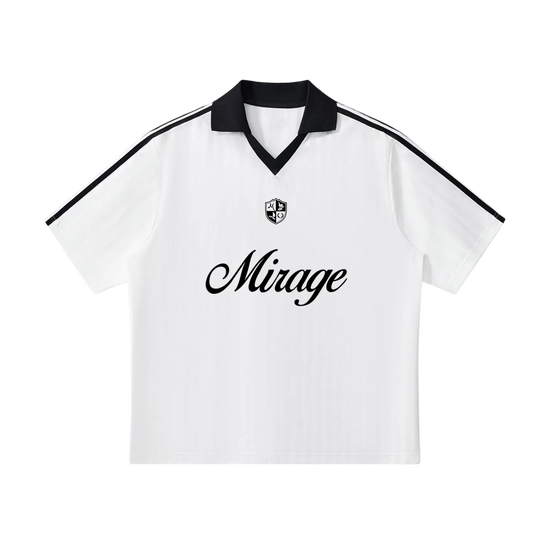White sports jersey with black collar and stripes and &