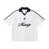 White sports jersey with black collar and stripes and &