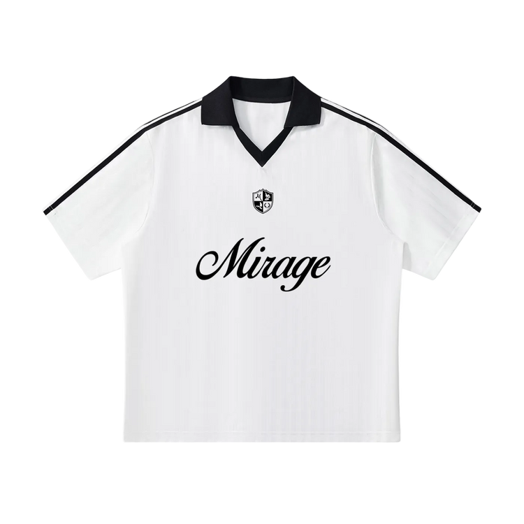 White sports jersey with black collar and stripes and &